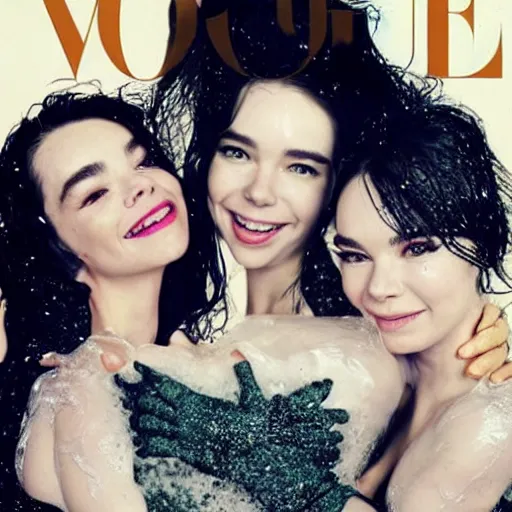 Image similar to stunning vogue magazine photo of dark - haired goddesses vanessa kirby, hailee steinfeld, and bjork smiling, legs intertwined, in a bubble bath, with wet faces!!, wet lips, smooth skin, perfect eyes, insanely detailed, elegant, by wlop, rutkowski, livia prima, mucha, wlop,