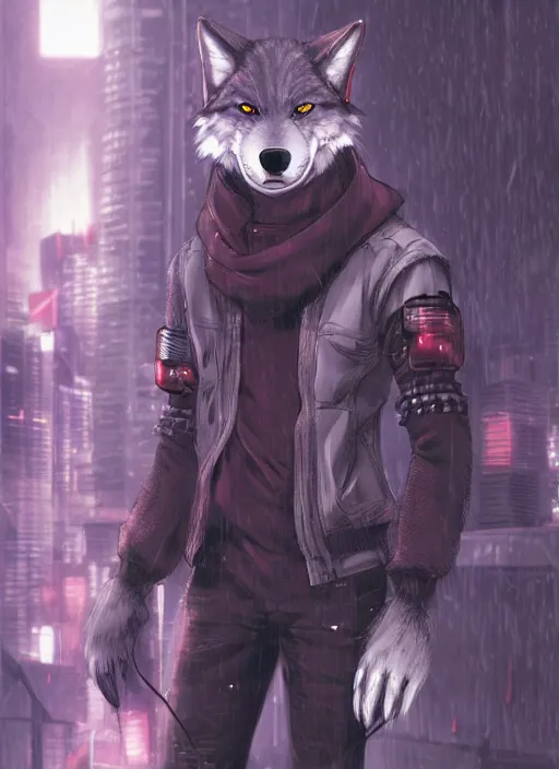 Image similar to character portrait of a male anthro wolf fursona with a tail and a cute beautiful attractive detailed furry face wearing stylish cyberpunk clothes in a cyberpunk city at night while it rains. hidari, color page, tankoban, 4K, tone mapping, Akihiko Yoshida.