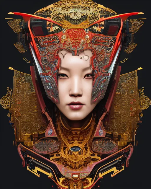 Image similar to portrait of a cyberpunk machine, machine face, upper half portrait, decorated with chinese opera motifs, asian, fine china, wuxia, traditional chinese art, intricate, elegant, highly detailed, symmetry, headpiece, digital painting, artstation concept art smooth sharp focus, illustration, art by artgerm and greg rutkowski alphonse mucha 8 k