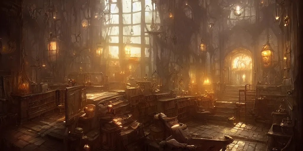 Image similar to ! dream dark book shop interior by bastien lecouffe - deharme and charles bowater, greg rutkowski, adventure game, inspired by diablo concept art