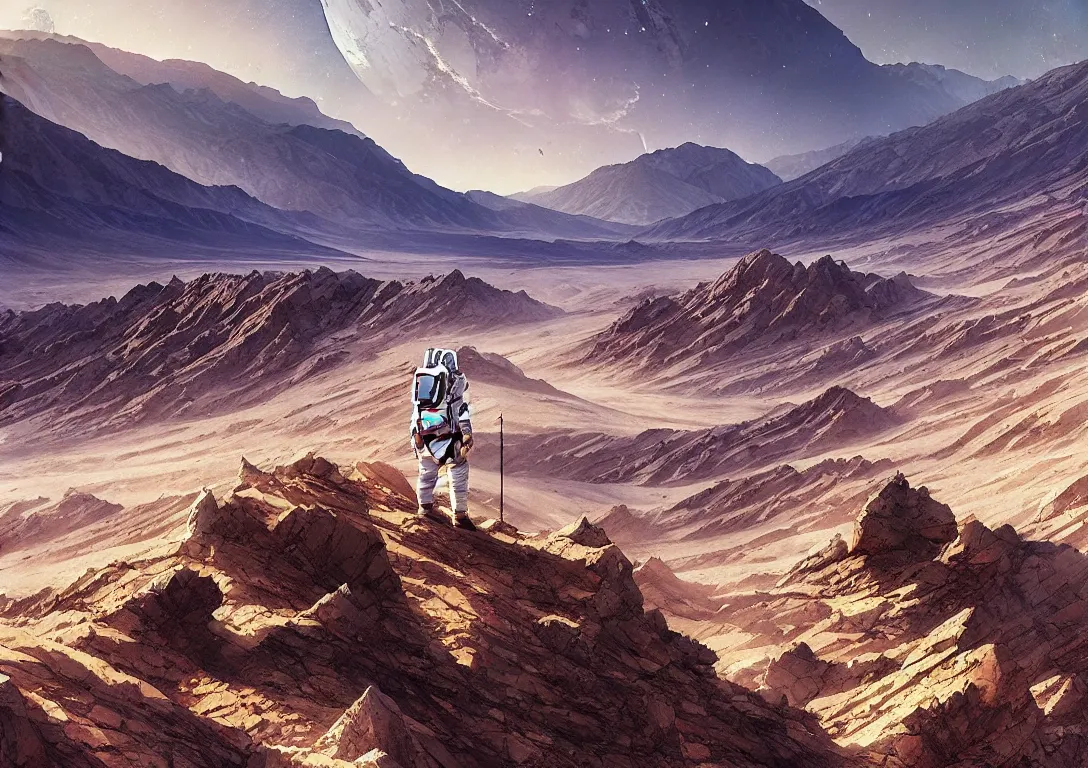 Prompt: an astronaut exploring death valley, ruins of ancient civilization are visible, ultra high definition, ultra detailed, symmetry, sci - fi, studio ghibli color scheme, by greg rutkowski and ross tran