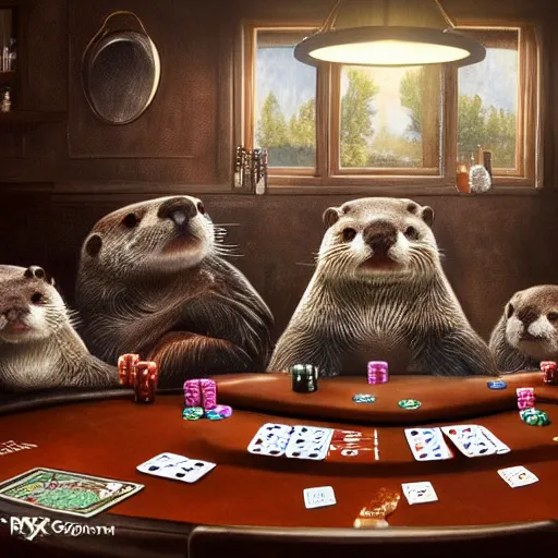 Image similar to otters playing poker, hyper detailed, dramatic lighting, cgsociety, realistic, hyper detailed, insane details, intricate, dramatic lighting, hypermaximalist, golden ratio, rule of thirds, octane render, weta digital, micro details, ultra wide angle, artstation trending, 8 k,