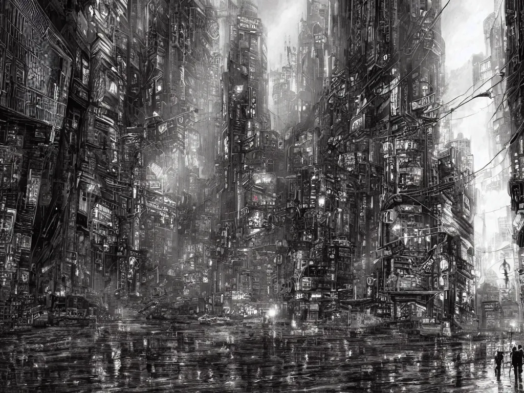 Prompt: rushing and flowing heart of the city, gritty, smooth, fine detail, intricate, cyberpunk style, by hugh ferris and john smith