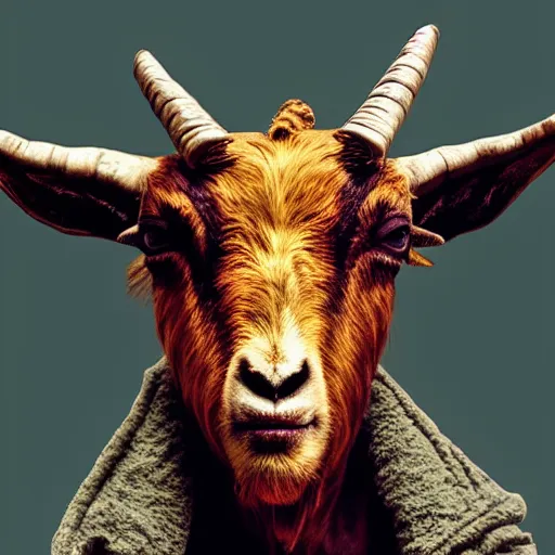 Image similar to a demon with the head of a goat, is looking at the camera, while holding a human head, whose eyes are still wide. symmetrical anatomy, very detailed design, complexity of the image, with pop punk style, colorful.