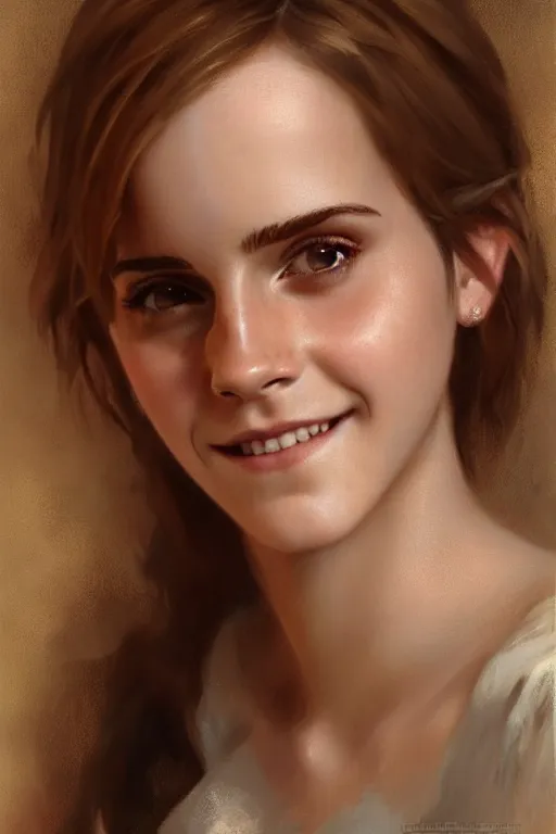 Image similar to emma watson smiling gathered faille v - neck detailed portrait painting by gaston bussiere craig mullins j. c. leyendecker award winning photograph photorealsitic octane render