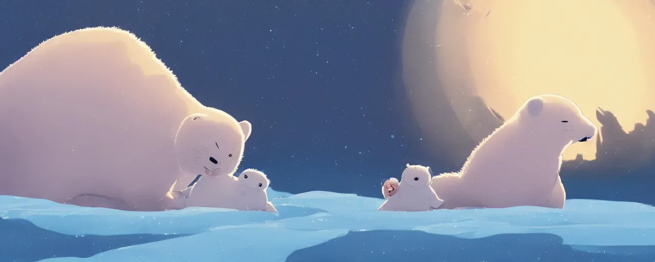 Image similar to a baby harp seal and mother on an ice flow, atey ghailan, goro fujita, studio ghibli, rim light, exquisite lighting, clear focus, very coherent,