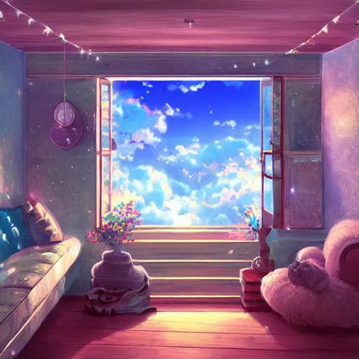 Prompt: a heavenly dream view from the interior of my cozy home interior dream world filled with color from a Makoto Shinkai oil on canvas inspired pixiv dreamy scenery art majestic fantasy scenery fantasy pixiv scenery art inspired by magical fantasy exterior illumination of awe and wonder