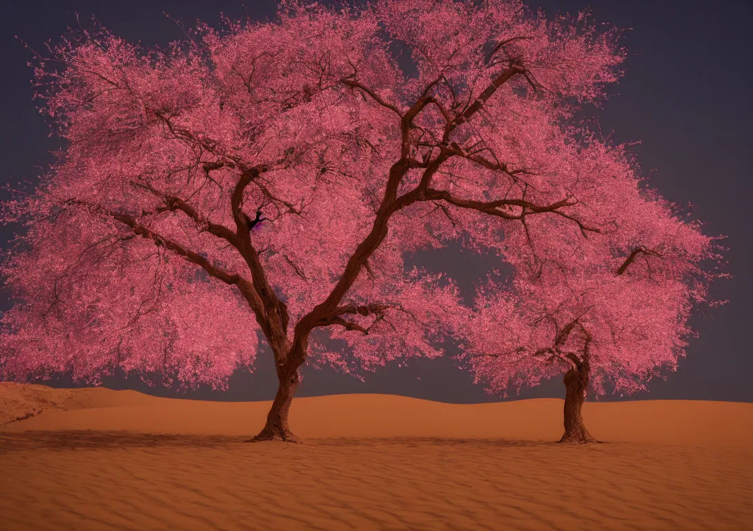 Image similar to a lonely pink tree in a dark desert, sand, gold, bright light, detailed photography, vivid colors, ultra realistic, 8 k, photography