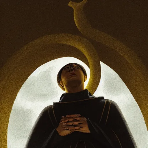 Prompt: Close-up of a terrified young catholic priest at the top of a medieval tower watching in fear as an ominous yellow shadow descends upon him from the night sky. He is fervently praying but his eyes are wide open with fear. Low angle angle, dramatic lighting. Award-winning digital art, trending on ArtStation