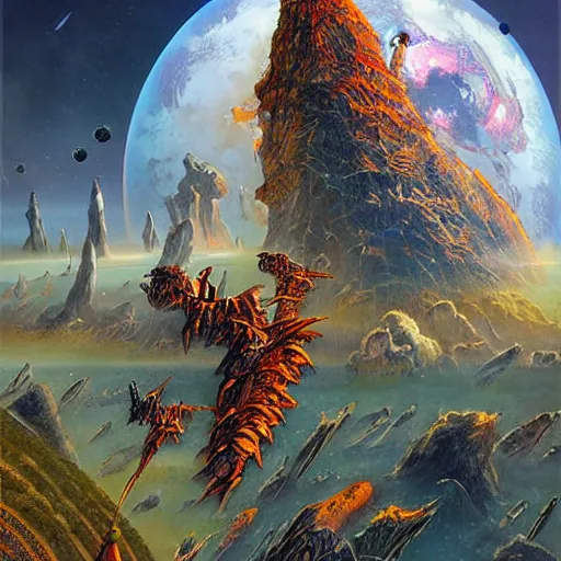 Prompt: soaring towers and crystal bridges, under outer world jungles and volcanos, planet afar on horizon, art by Dmitry Dubinsky