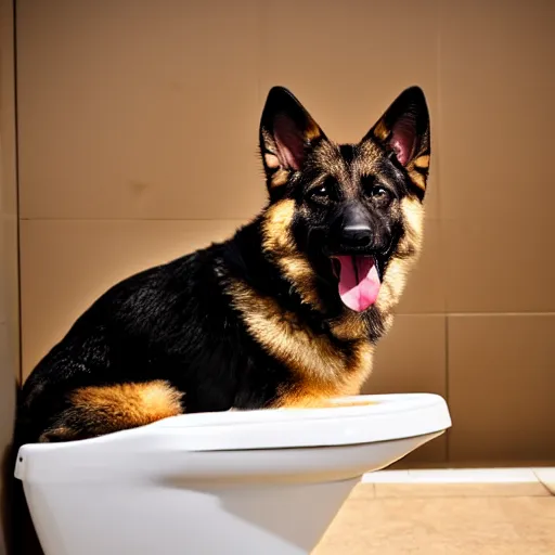 Image similar to German Shepperd sitting inside a toilet while having it's tongue out, 4k, high detail, photrealistic