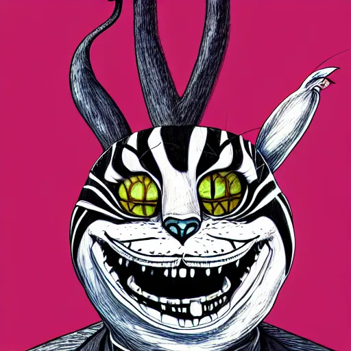 Image similar to graphic illustration, creative design, alice in wonderland as cheshire cat, biopunk, francis bacon, highly detailed, hunter s thompson, concept art