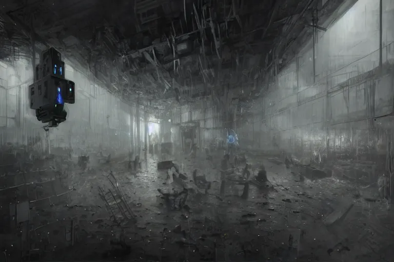 Image similar to volumetric coherent gloomy colossal ruined server room in datacenter by eddie mendoza blender robot figure automata headless drone robot knight welder posing pacing fixing soldering mono sharp focus, emitting diodes, smoke, artillery, sparks, racks, system unit, motherboard, by rutkowski artstation hyperrealism cinematic dramatic painting concept art of detailed character design matte painting