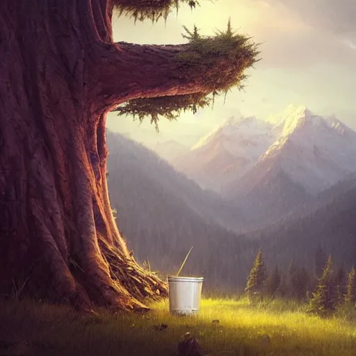 Prompt: low angle shot of a tree growing inside a trash - can in the foreground. overgrown. soft night - time over the mountains in the background. clouds. highly detailed, cinematic, beautiful, cgsociety, artstation, oil painting by greg rutkowski, by artgerm, by wlop