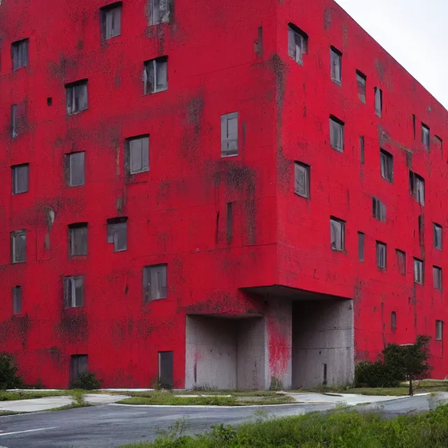 Prompt: brutalist building fully covered in thick red paint