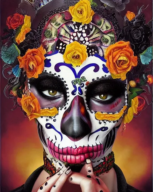 Image similar to dia de los muertos theme surrealist art in the styles of igor morski, jim warren, and a tim burton film, intricate, hyperrealistic, accurate facial details, profile picture with chromakey!!!!! background, volumetric lighting