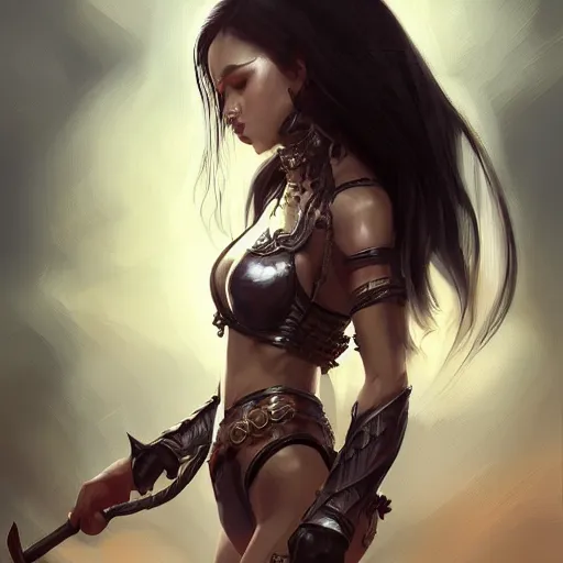 fantasy, sensual woman with Legendary Chest armor bikini full-bo