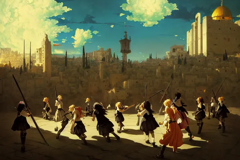 Prompt: baroque oil painting of key visual environment concept art of anime maids fighting a crusade in jerusalem, brutalist, dark fantasy, rule of thirds golden ratio, fake detail, trending pixiv fanbox, acrylic palette knife, style of makoto shinkai studio ghibli genshin impact jamie wyeth james gilleard greg rutkowski chiho aoshima