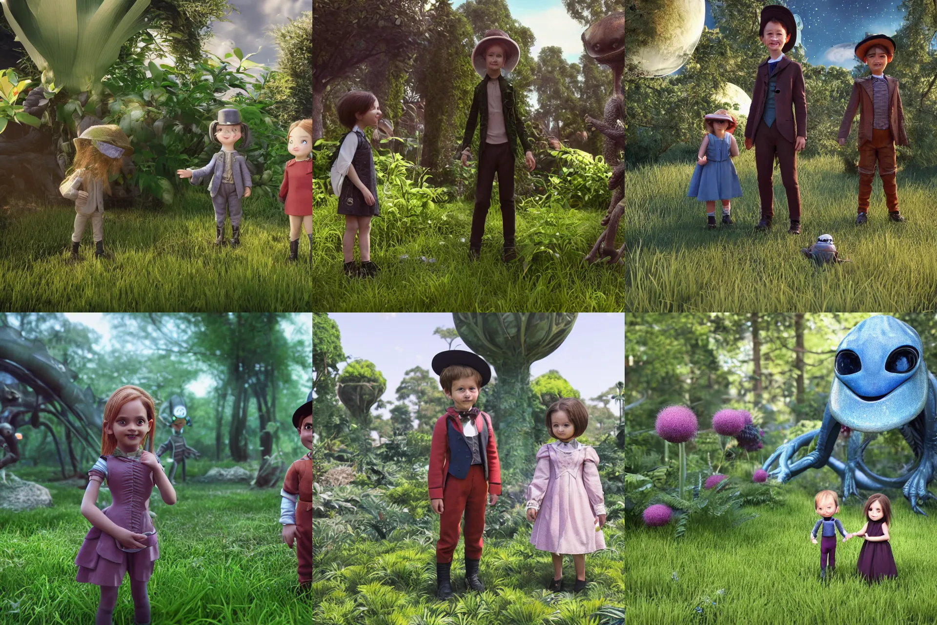 Prompt: a girl and a boy standing next to some alien plants, a small cute alien creature is standing next to them, in a park on a alien planet, looking happy, wearing victorian clothes, ultra realistic facial details, enhanced faces, ultra photorealistic raytracing, 8k