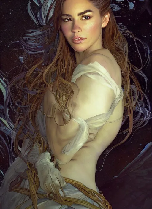 Image similar to Portrait of Sofia Vergara, white glowing eyes, fantasy, extremely detailed, digital painting, artstation, concept art, smooth, sharp focus, illustration, stunning lighting, art by artgerm and greg rutkowski and alphonse mucha and simon stalenhag, realistic character concept, high fantasy, light atmosphere, golden ratio, cinematic lighting, hyperdetailed, high resolution, insanely detailed and intricate, artstation, Marc Simonetti, Greg Rutkowski, 8k