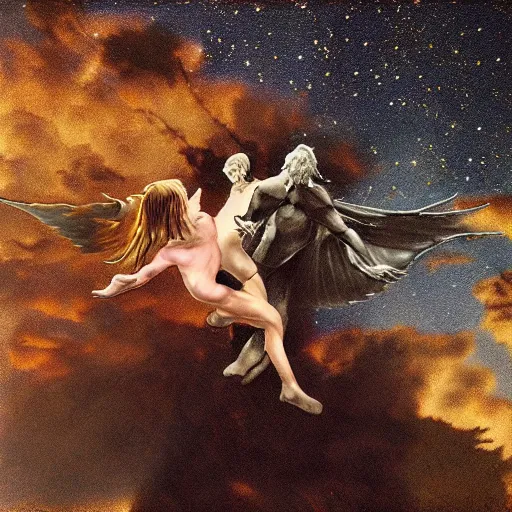 Image similar to Demon and angel waltz under the starry sky, photorealism