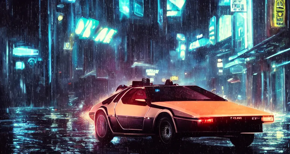 Image similar to a 2 8 mm closeup photo of a delorean tron tesla car on wet city street at night, intricate, hyper detailed, smooth, high contrast, neon, volumetric lighting, octane, moebius, greg rutkowski, blade runner, ripley scott, cindmatic