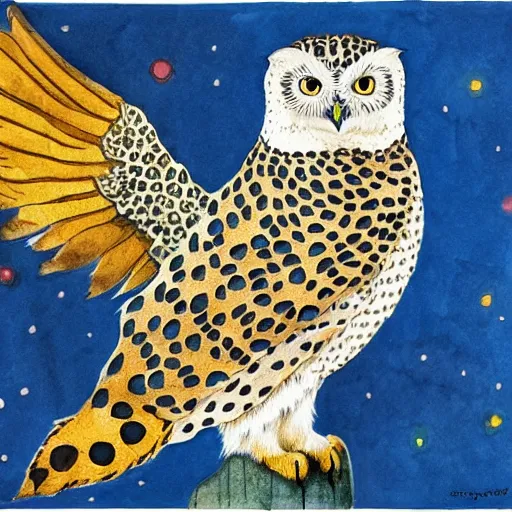 Prompt: leopard snowy owl with cat tail and four paws, gryphon, Louis William Wain watercolor, fantasy