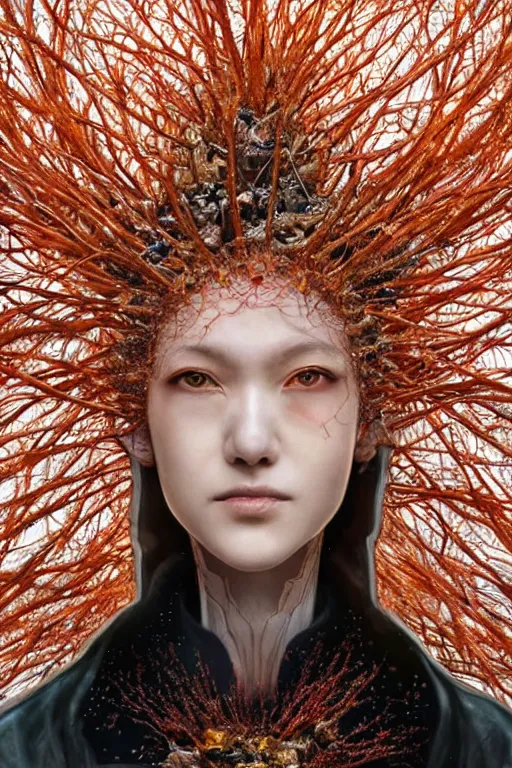 Image similar to realistic 8k stunning intricate Evangelion Siren Queen character design. Kintsugi. by Daytoner, Greg Tocchini, Yoshitaka Amano. Intricate Empress Crown made of sentient mycelium jewels and gems. subtle misty xparticles. Scattered Cherry blossoms Hyperrealism. Subsurface scattering. Directed by Denis Villeneuve. Octane Render