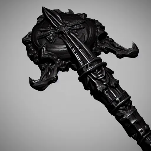 Prompt: a black sword skull handle, ornament, weapon, a 3 d render by dom qwek, studio lighting, raytracing, trending on polycount, futurism, hard surface modeling, rendered in maya, 3 ds max, blender, artstation hd, vray