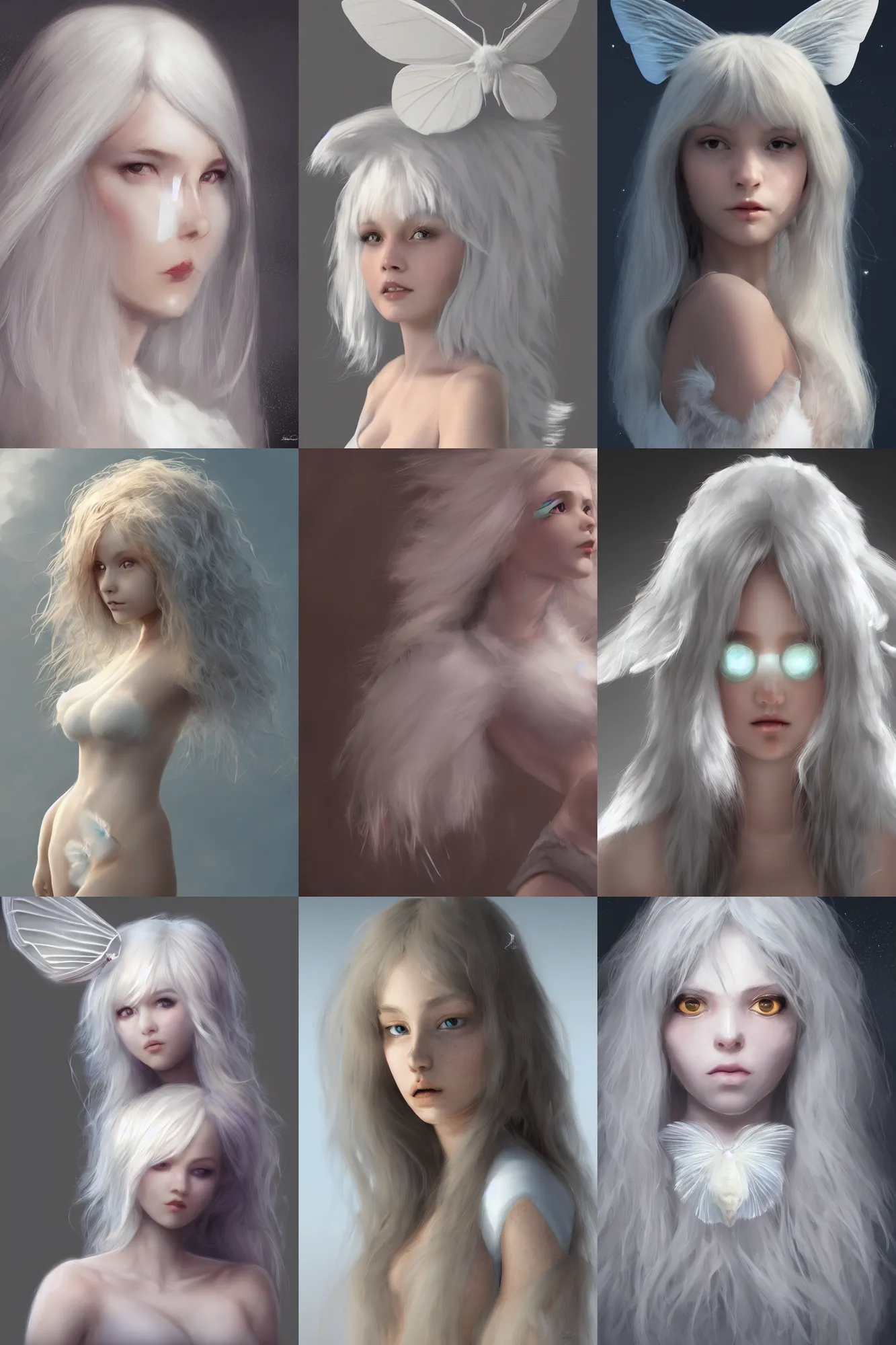 Prompt: portrait of a fluffy white moth girl concept art by Moebius, trending on artstation, artstationHD, artstationHQ, unreal engine, 4k, 8k