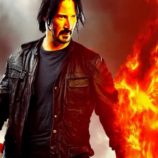 Image similar to Keanu Reeves, Greek God of Guns and Rock, Lightning and thunder on background, cinematic lighting