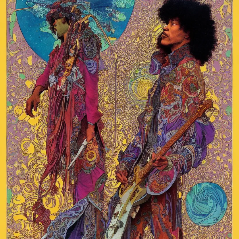 Image similar to colorfull artwork by Franklin Booth and Alphonse Mucha showing a portrait of Jimi Hendrix as a futuristic space shaman, Jimi Hendrix as a futuristic space shaman by Moebius