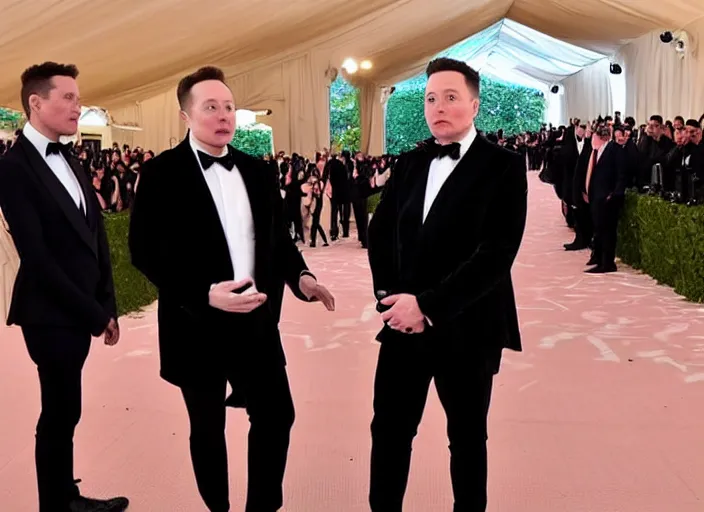 Image similar to Elon Musk and Nikola together at Met Gala 2039 in Mars Futuristic Speaking to a large crowd in an event