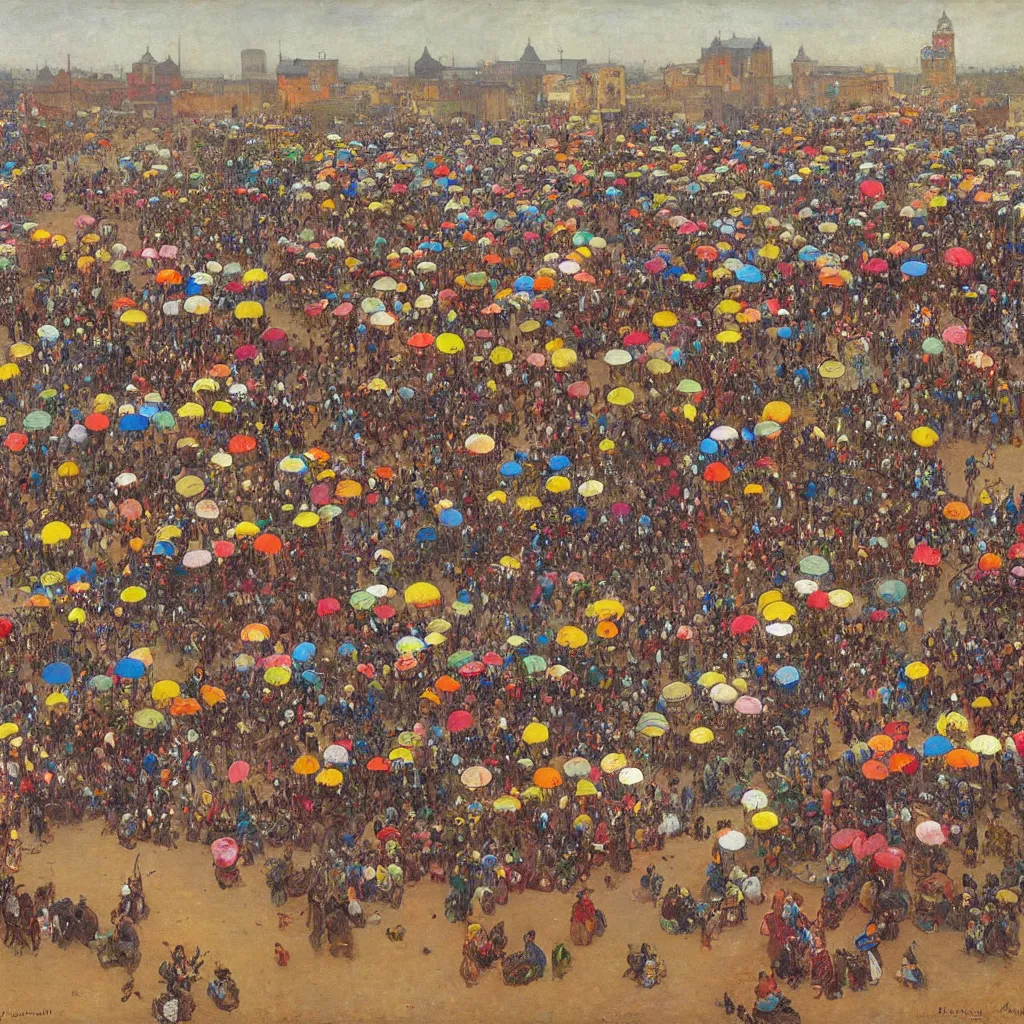 Prompt: dahomey officials with flat colorful umbrellas in ahomey's huge main square, from above, 1905, brightly colored, highly detailed, oil on canvas, by ilya repin