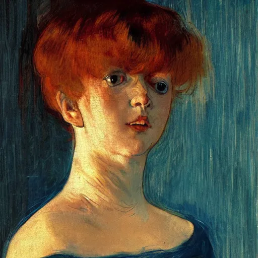 Prompt: palette knife oil painting portrait of a girl in a blue and gold room, film still by goya, by henri de toulouse - lautrec, by pontormo, extreme detail, liminal aesthetic, artgerm, deviant art, octane, substance, art history 8 k, art nouveau