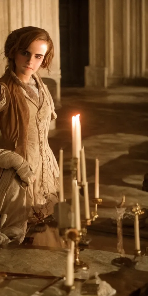 Prompt: Emma Watson as Hermione Granger in Kubrick's Barry Lyndon, natural candle lighting, movie still