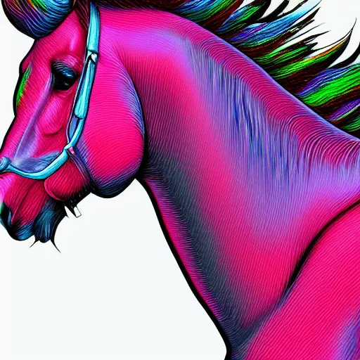 Image similar to digital horse, synthwave palette, highly detailed, anatomically correct equine, retro feel, portrait, digital art