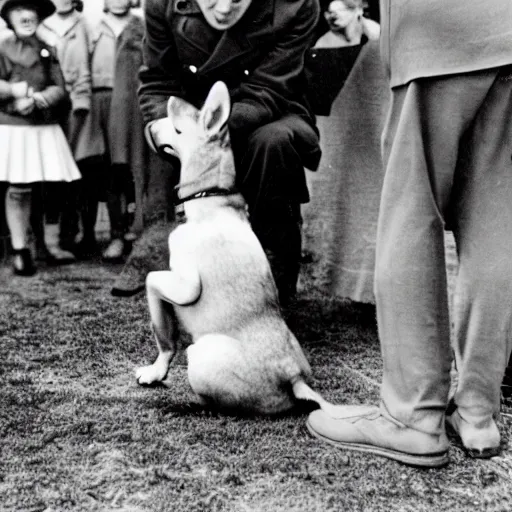 Image similar to ultra wide 1 9 4 6 historical photo of a single german general kneeling to pet a cute corgi, a young queen elizabeth stands near him, french village exterior, highly detailed, sharp focus