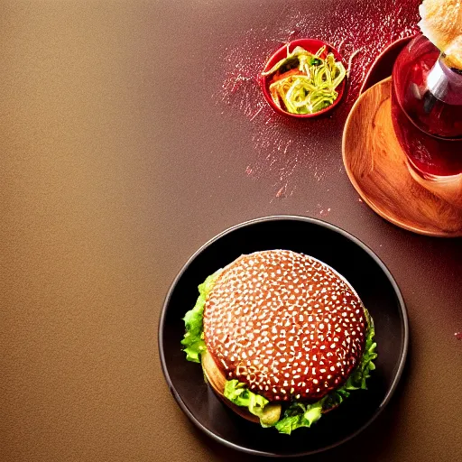 Image similar to a juicy hamburger swimming in a bowl of coca cola, 8 k resolution, studio lighting, sharp focus, professional food photography, hyper - detailed