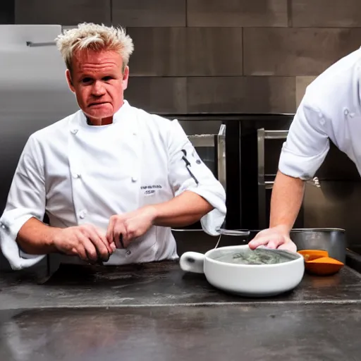 Prompt: Gordon Ramsey preparing a soup from concrete