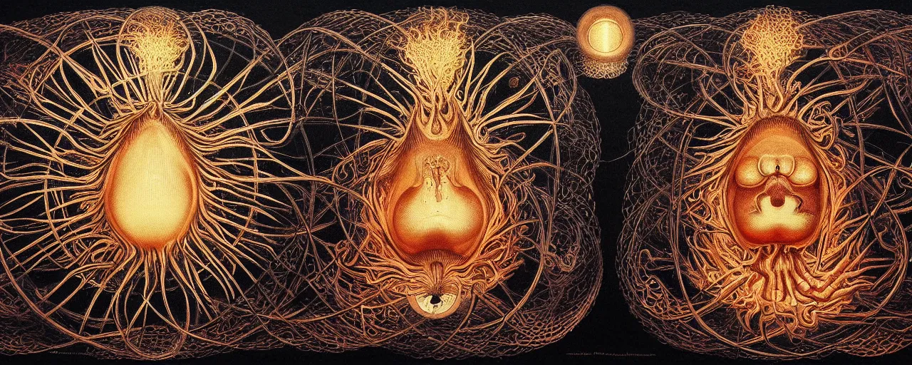 Image similar to a strange fire creature with endearing eyes radiates a unique canto'as above so below'while being ignited by the spirit of haeckel and robert fludd, breakthrough is iminent, glory be to the magic within, in honor of saturn, painted by ronny khalil