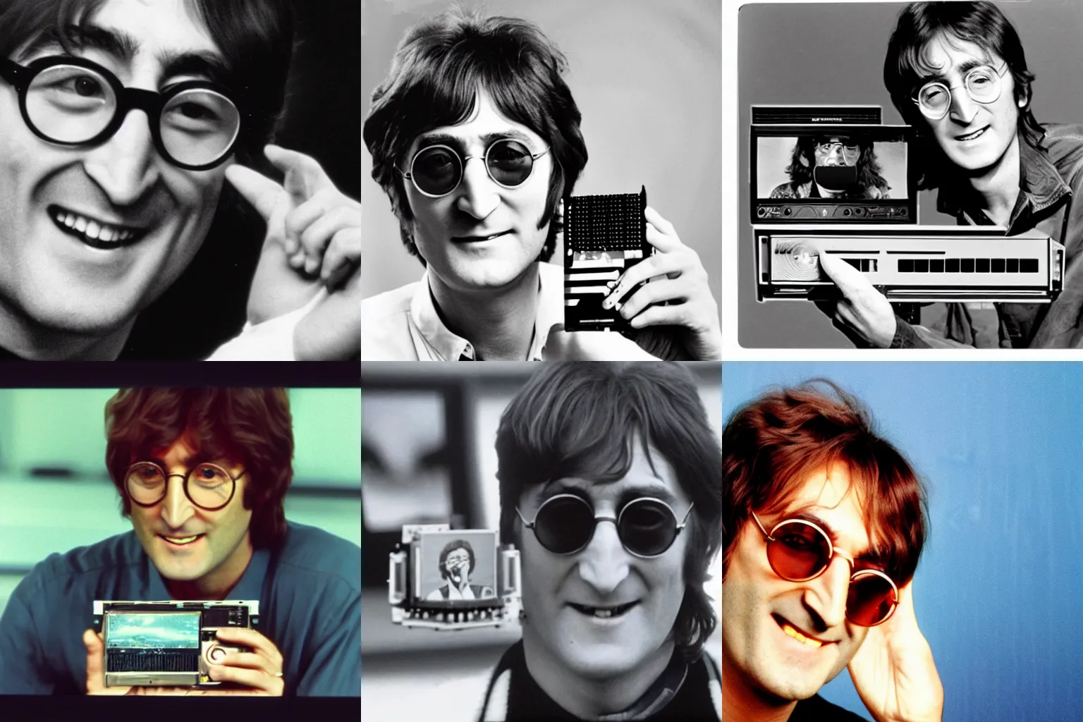 Prompt: commercial depicting John Lennon holding a graphics card and smiling to the camera, 80s commercial