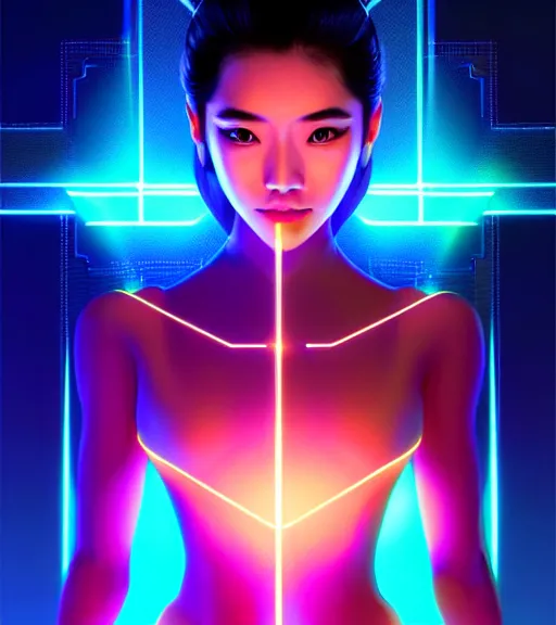 Image similar to symmetry!! asian princess of technology, solid cube of light, hard edges, product render retro - futuristic poster scifi, lasers and neon circuits, beautiful asian princess, intricate, elegant, highly detailed, digital painting, artstation, concept art, smooth, sharp focus, illustration, dreamlike, art by artgerm