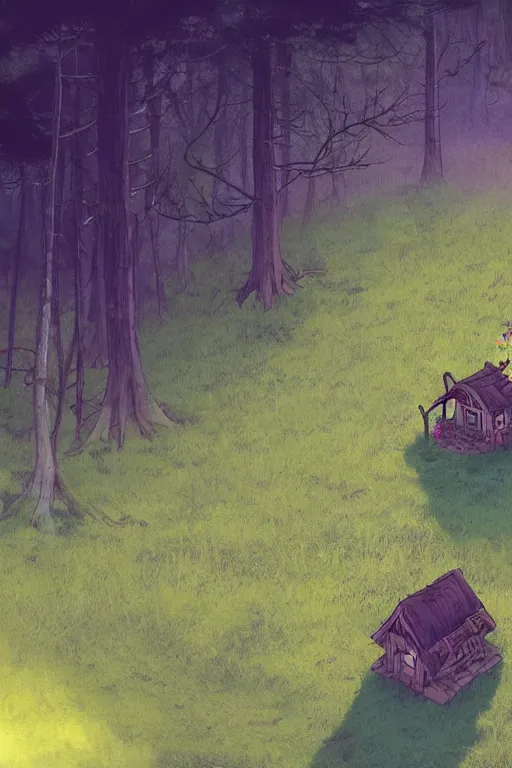 Image similar to a lonely witch's hut in a clearing in the forest on which a giant spaghetti monster is approaching, top view rule of thirds golden ratio, fake detail, trending pixiv fanbox, acrylic palette knife, style of makoto shinkai studio ghibli genshin impact james gilleard greg rutkowski chiho aoshima