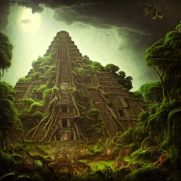 Prompt: surreal painting of crashed mayan aztec spaceship overgrown by jungle by hieronymus bosch, harsh flash photo at night, baroque painting, perfect composition, detailed octane render trending on artstation, 8 k artistic photography, volumetric cinematic perfect light, chiaroscuro, masterpiece, raphael, caravaggio, beksinski, rutkowski, beeple