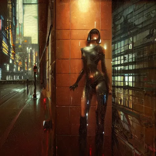 Image similar to detailed portrait of a biomechanical woman, moment, cyberpunk cloisters, electronic billboards, tech noir, wet reflections, atmospheric, ambient, livia prima, greg rutkowski, edward hopper, pj crook