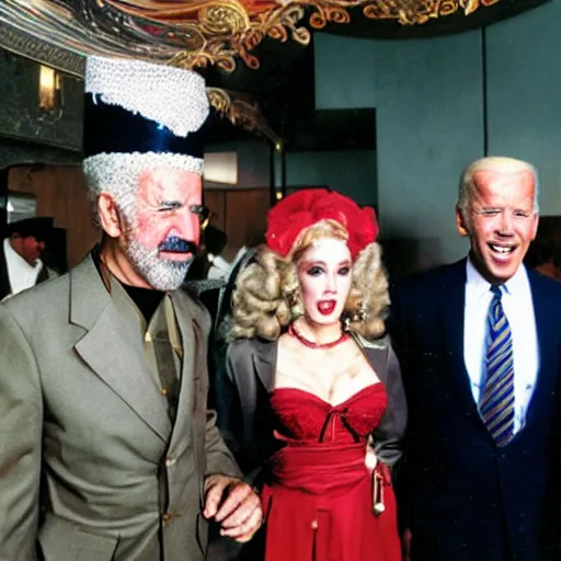 Image similar to UHD candid photo of Saddam Hussein and Joe Biden with a Vegas showgirl, accurate faces, UHD, photorealistic, correct face, photo by Annie Leibowitz