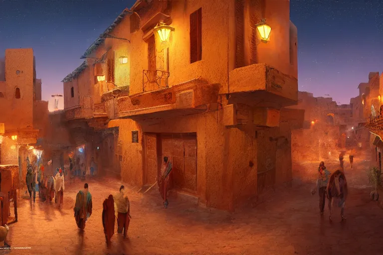 Prompt: in the middle of a adobe house kasbah town, mud and brick houses, merchant street, pueblo architecture, colorful crowd, festival. Scenic view at night, underexposed, clean horizon, matte painting by craig mullins and Anato_Finnstark, concept art trending on artstation, 4k, intricate details