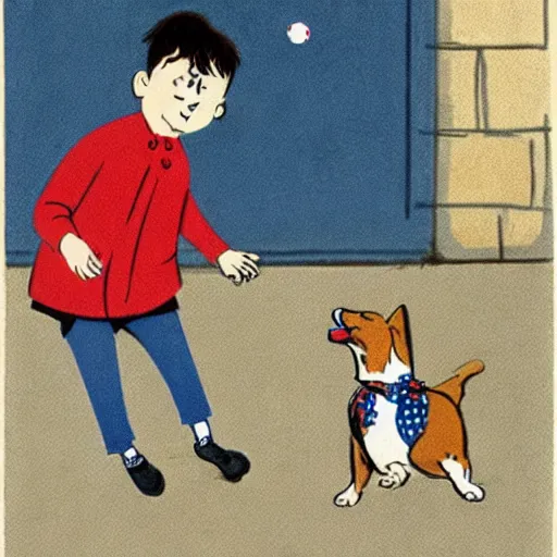 Image similar to book illustration of a french boy on the streets of paris playing football against a corgi, the dog is wearing a polka dot scarf, 1 9 6 6