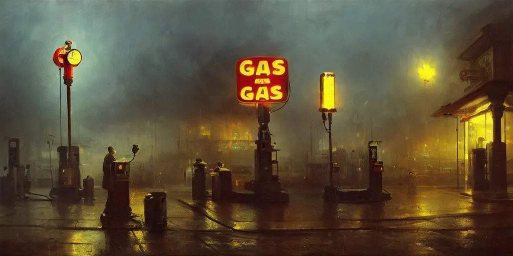 Image similar to a gas station in 1 9 4 0 with yellow and red light in the middle of the night, a men stand up next to the pump, mystical blue fog, oil on canvas, art by andreas achenbach, clemens ascher, tom bagshaw and sabbas apterus,